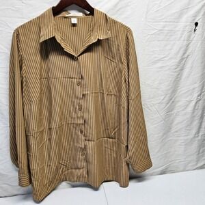 Josephine Chaus Button Up Shirt Women 22 Tan Brown Striped Long Sleeve Office